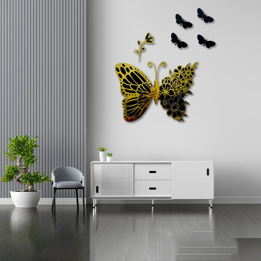 Golden Black butterfly with 4 pcs mini butterflies and flower